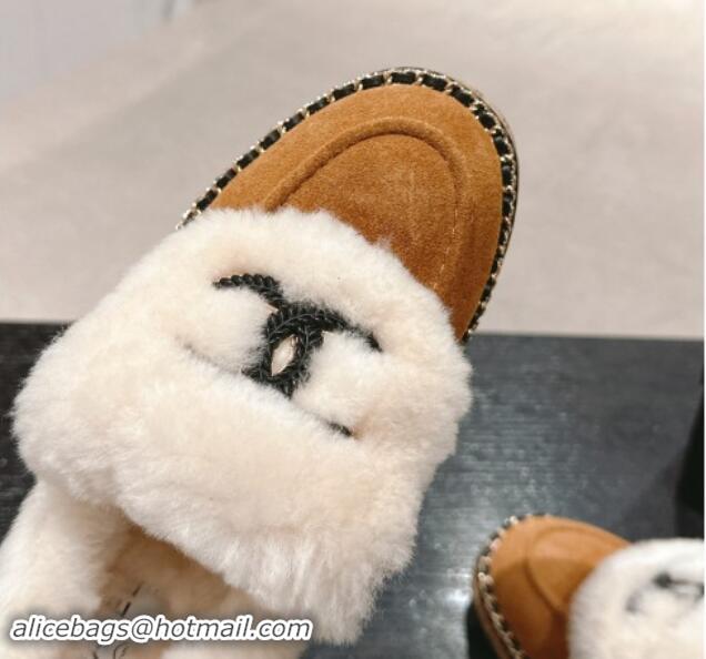 Good Quality Chanel Suede & Wool Fur Wood Loafers Brown 1016084