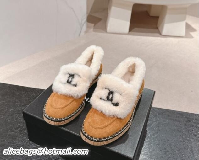 Good Quality Chanel Suede & Wool Fur Wood Loafers Brown 1016084