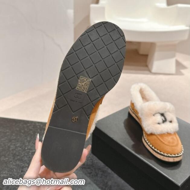 Good Quality Chanel Suede & Wool Fur Wood Loafers Brown 1016084