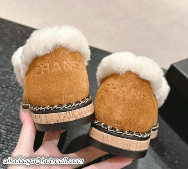 Good Quality Chanel Suede & Wool Fur Wood Loafers Brown 1016084