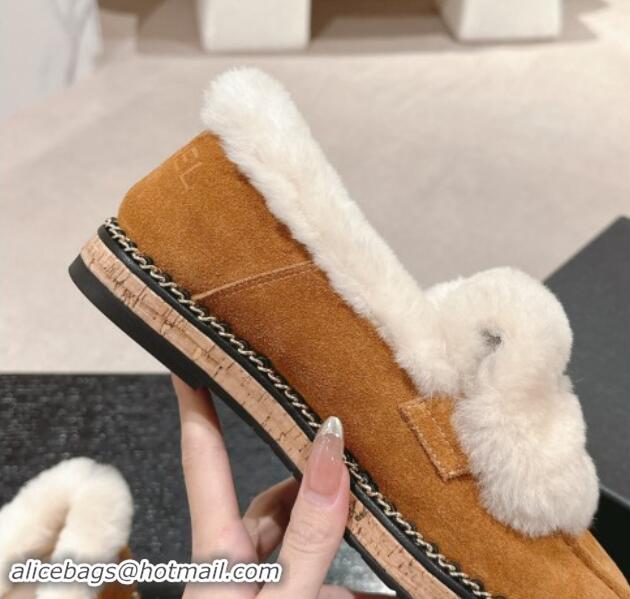 Good Quality Chanel Suede & Wool Fur Wood Loafers Brown 1016084