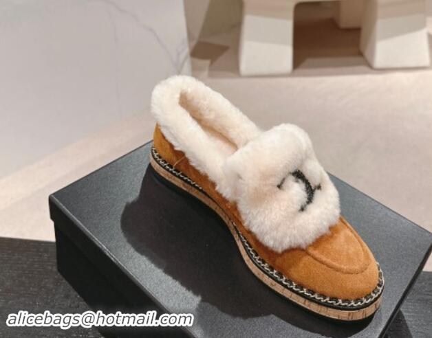 Good Quality Chanel Suede & Wool Fur Wood Loafers Brown 1016084