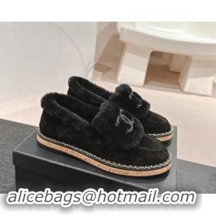 Grade Quality Chanel Suede & Wool Fur Wood Loafers Black 1016085