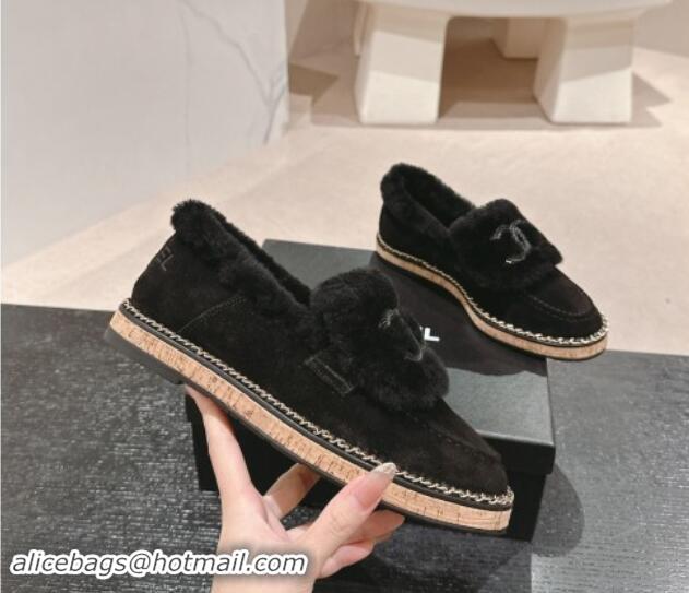 Grade Quality Chanel Suede & Wool Fur Wood Loafers Black 1016085