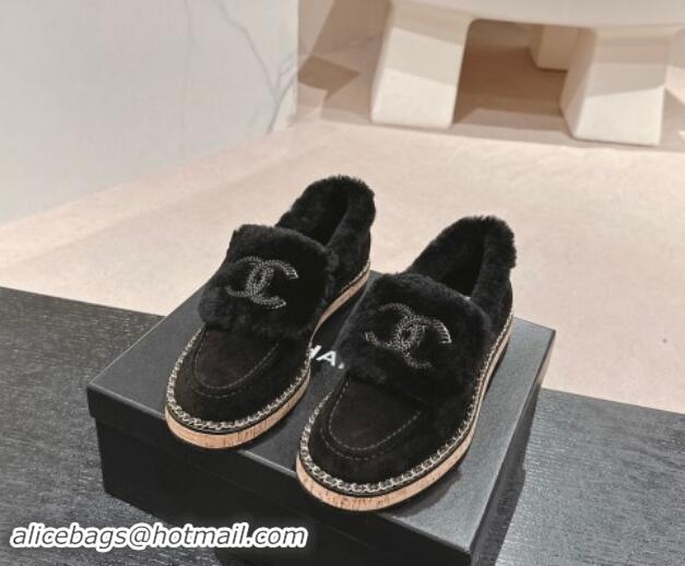 Grade Quality Chanel Suede & Wool Fur Wood Loafers Black 1016085