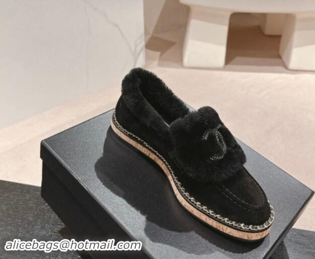 Grade Quality Chanel Suede & Wool Fur Wood Loafers Black 1016085