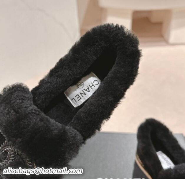 Grade Quality Chanel Suede & Wool Fur Wood Loafers Black 1016085