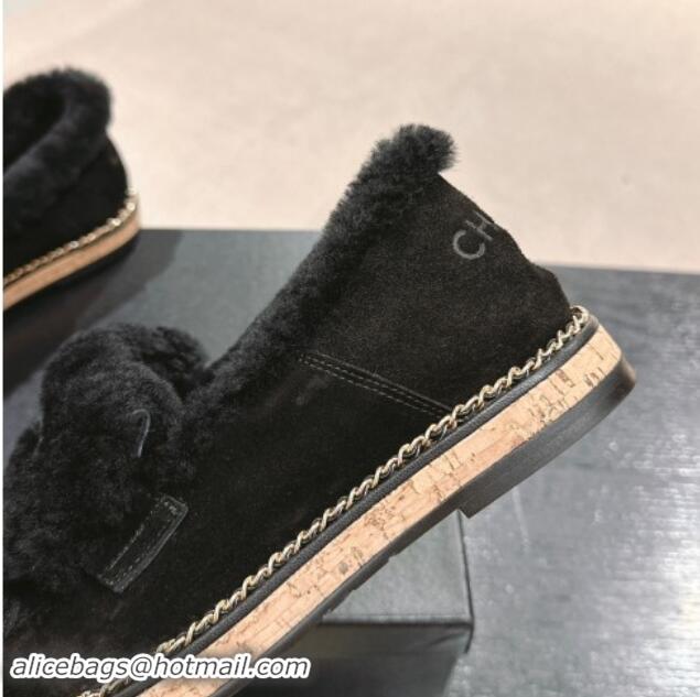 Grade Quality Chanel Suede & Wool Fur Wood Loafers Black 1016085