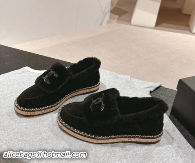 Grade Quality Chanel Suede & Wool Fur Wood Loafers Black 1016085