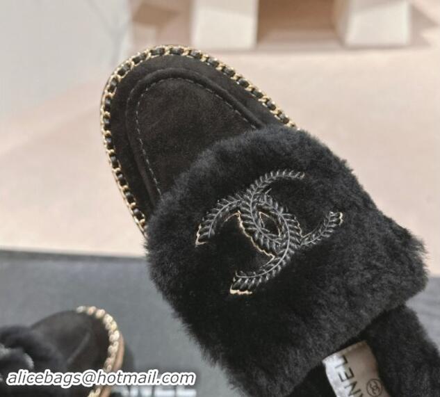 Grade Quality Chanel Suede & Wool Fur Wood Loafers Black 1016085