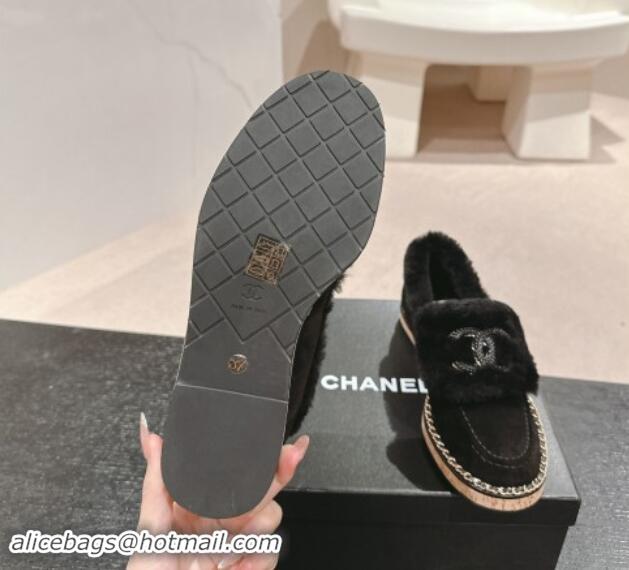 Grade Quality Chanel Suede & Wool Fur Wood Loafers Black 1016085