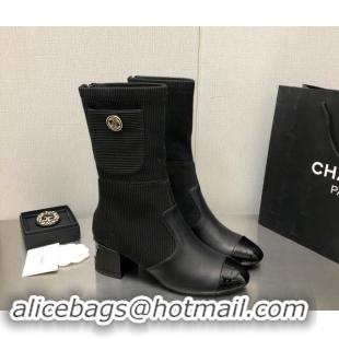 Top Grade Chanel Knit & Calfskin Ankle Boots Black 1016088