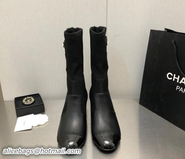 Top Grade Chanel Knit & Calfskin Ankle Boots Black 1016088