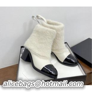 Unique Style Chanel Knit Foldover & Calfskin Ankle Boots White 1016089