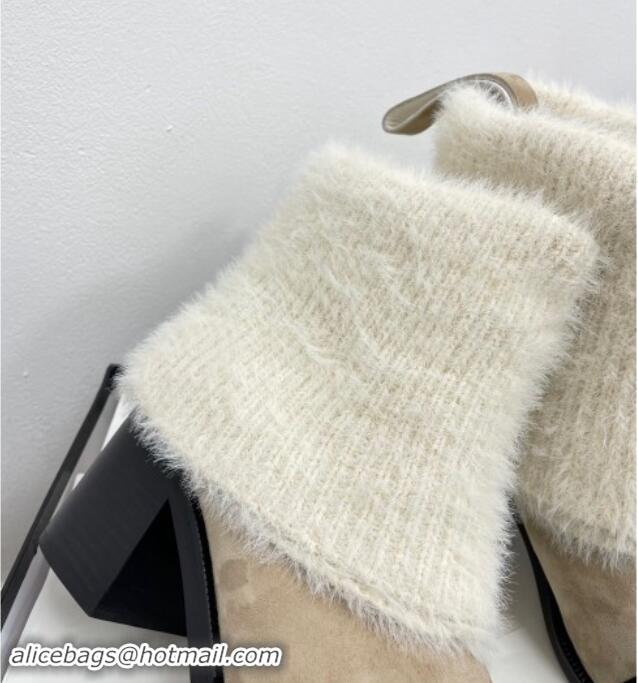 Top Design Chanel Knit Foldover & Suede Ankle Boots Beige 1016092