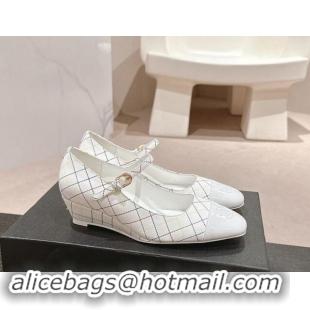 Popular Style Chanel Quilted Calfskin & Patent Mary Janes Wedge Pumps White 016093