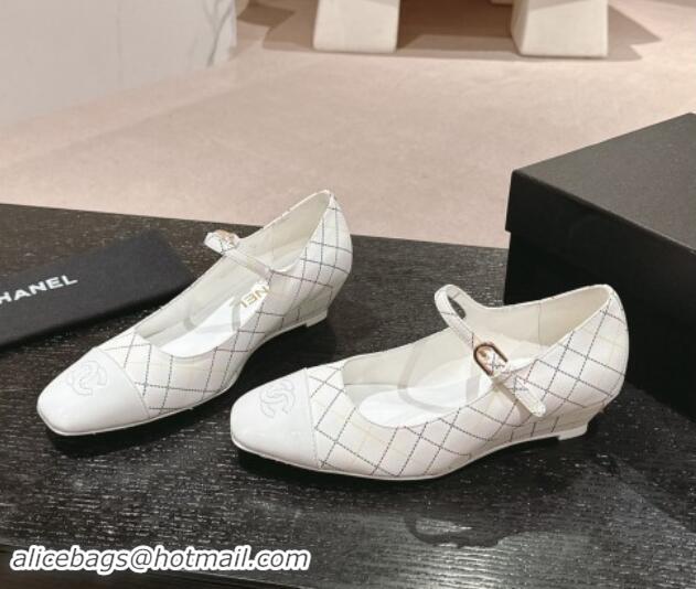 Popular Style Chanel Quilted Calfskin & Patent Mary Janes Wedge Pumps White 016093