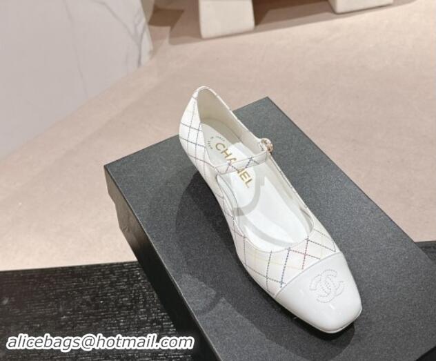 Popular Style Chanel Quilted Calfskin & Patent Mary Janes Wedge Pumps White 016093