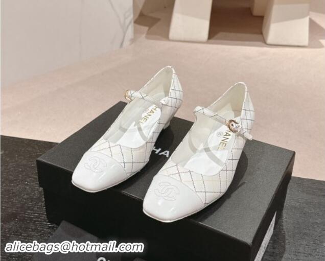 Popular Style Chanel Quilted Calfskin & Patent Mary Janes Wedge Pumps White 016093