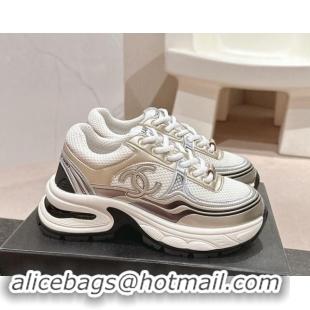 Pretty Style Chanel Calfskin & Mesh Sneakers White/Gold 016095