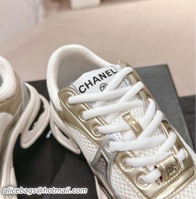 Pretty Style Chanel Calfskin & Mesh Sneakers White/Gold 016095