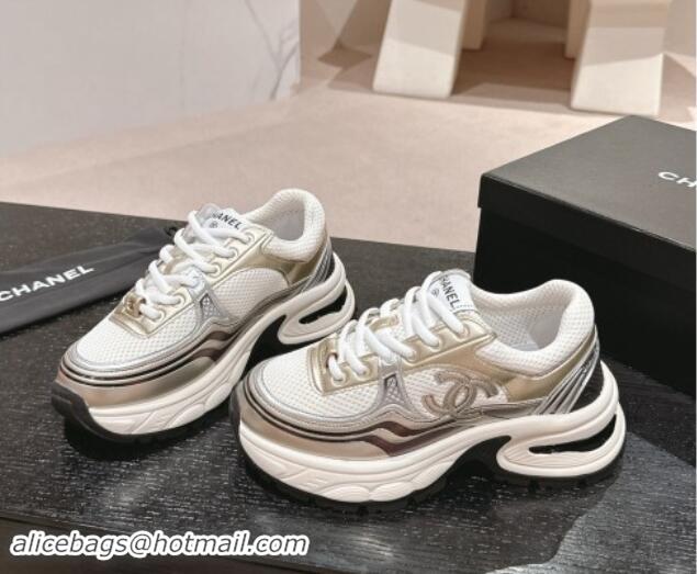 Pretty Style Chanel Calfskin & Mesh Sneakers White/Gold 016095