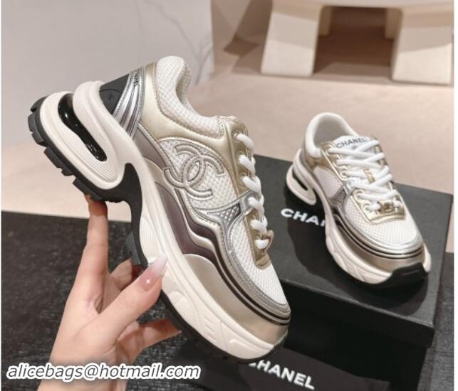 Pretty Style Chanel Calfskin & Mesh Sneakers White/Gold 016095