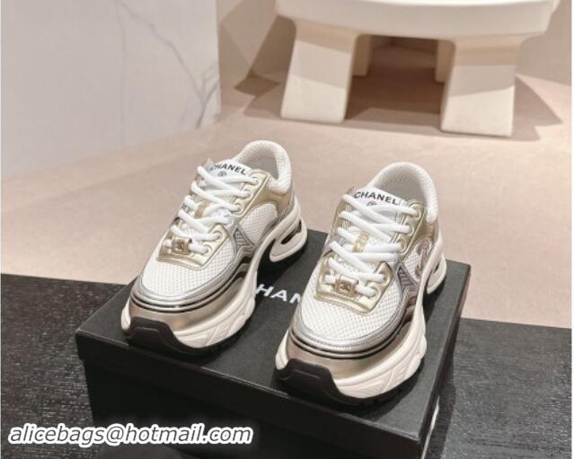 Pretty Style Chanel Calfskin & Mesh Sneakers White/Gold 016095