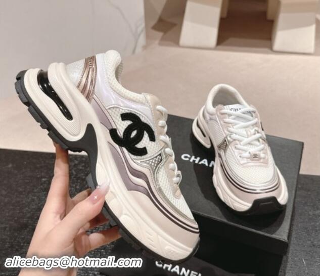 Low Cost Chanel Calfskin & Mesh Sneakers White/Purple 1016096