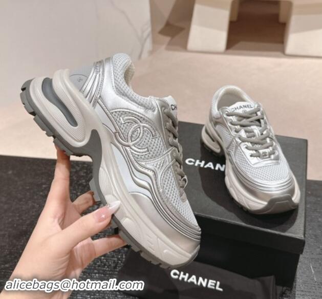 Good Looking Chanel Calfskin & Mesh Sneakers Silver 1016098