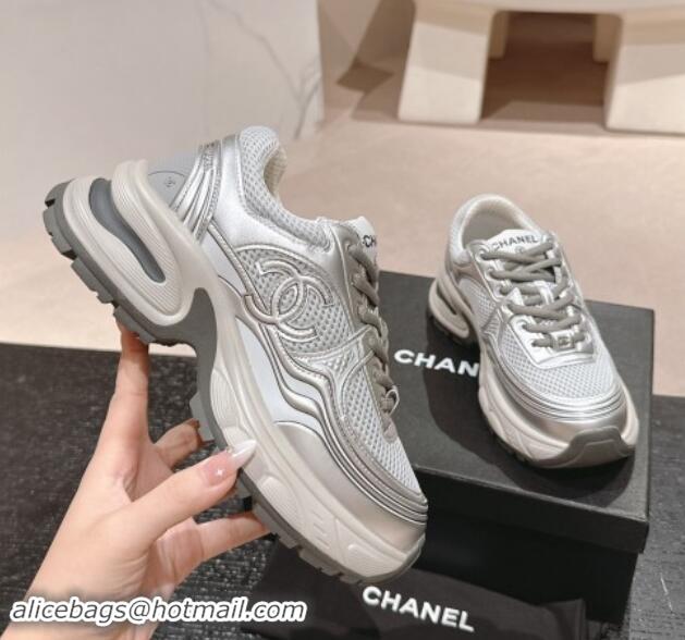 Good Looking Chanel Calfskin & Mesh Sneakers Silver 1016098