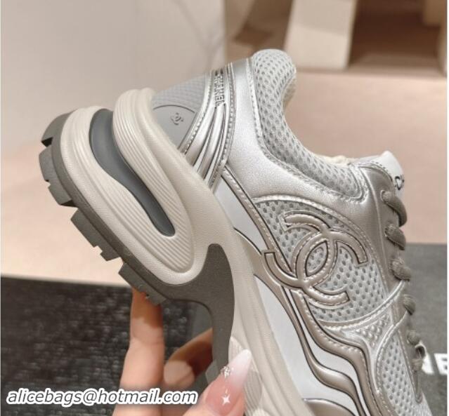 Good Looking Chanel Calfskin & Mesh Sneakers Silver 1016098