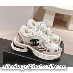 Classic Hot Chanel Calfskin, Mesh and Wool Sneakers White/Champagne 1016099