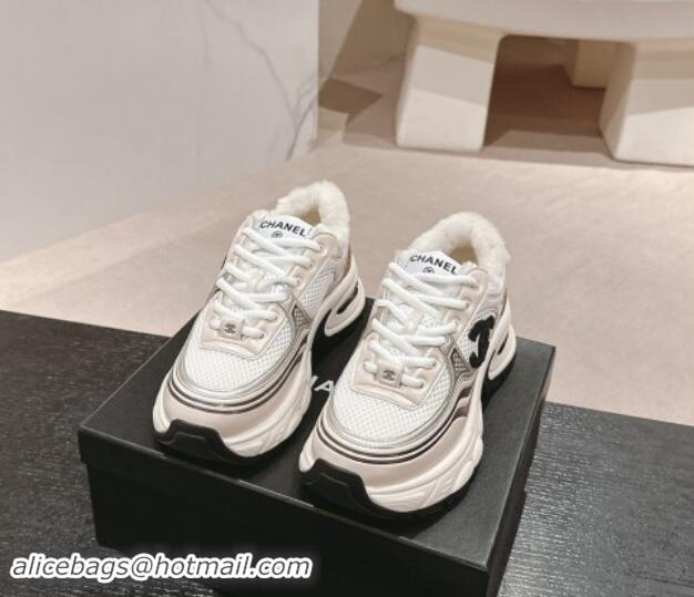 Classic Hot Chanel Calfskin, Mesh and Wool Sneakers White/Champagne 1016099