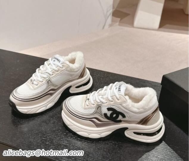 Classic Hot Chanel Calfskin, Mesh and Wool Sneakers White/Champagne 1016099