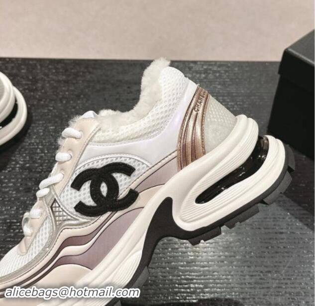 Classic Hot Chanel Calfskin, Mesh and Wool Sneakers White/Champagne 1016099