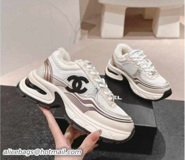 Classic Hot Chanel Calfskin, Mesh and Wool Sneakers White/Champagne 1016099