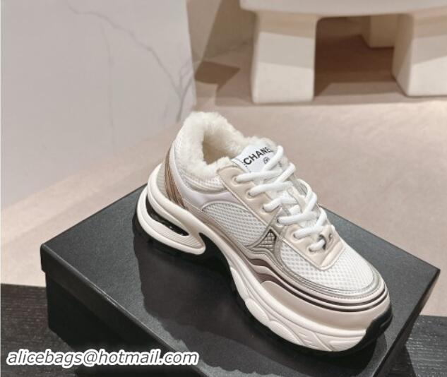 Classic Hot Chanel Calfskin, Mesh and Wool Sneakers White/Champagne 1016099