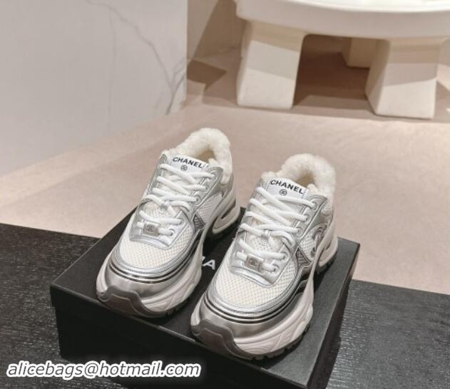 Popular Style Chanel Calfskin, Mesh and Wool Sneakers White/Silver 1016100