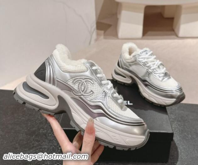 Popular Style Chanel Calfskin, Mesh and Wool Sneakers White/Silver 1016100