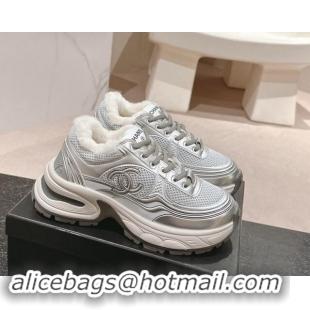 Shop Duplicate Chanel Calfskin, Mesh and Wool Sneakers Silver 1016101