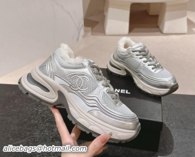 Shop Duplicate Chanel Calfskin, Mesh and Wool Sneakers Silver 1016101