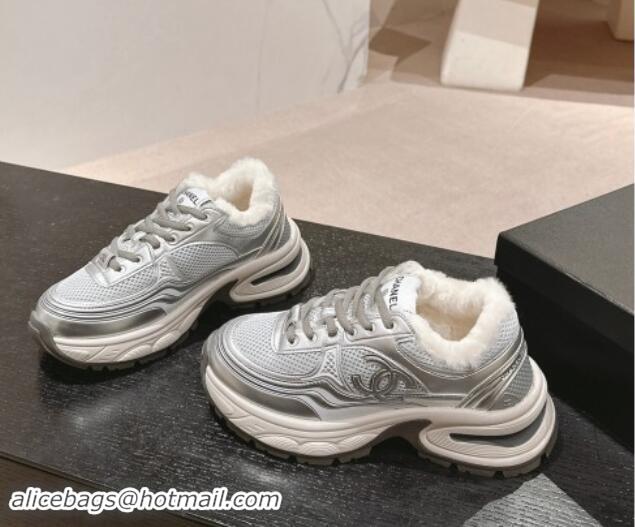 Shop Duplicate Chanel Calfskin, Mesh and Wool Sneakers Silver 1016101