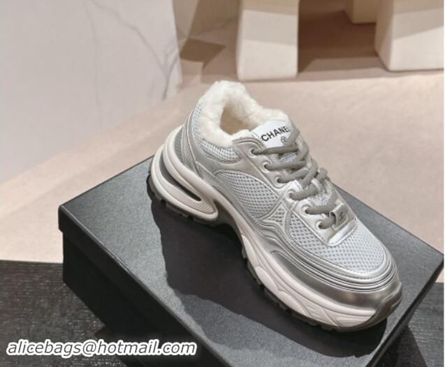 Shop Duplicate Chanel Calfskin, Mesh and Wool Sneakers Silver 1016101