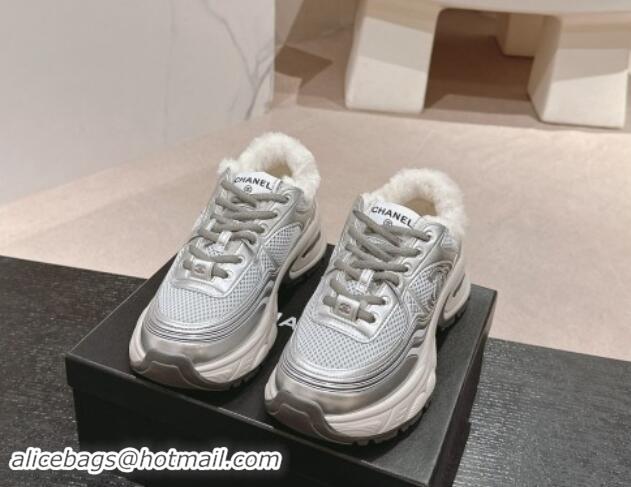 Shop Duplicate Chanel Calfskin, Mesh and Wool Sneakers Silver 1016101