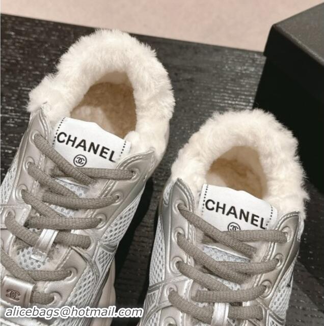 Shop Duplicate Chanel Calfskin, Mesh and Wool Sneakers Silver 1016101