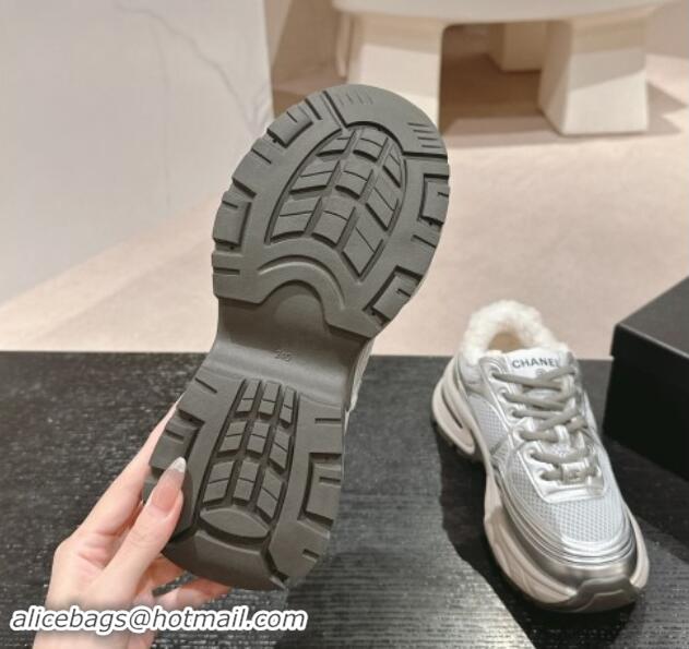 Shop Duplicate Chanel Calfskin, Mesh and Wool Sneakers Silver 1016101