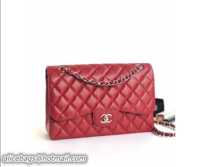 Top Grade Chanel Quilted Grained Calfskin Jumbo Flap Bag 30cm A01113 Red/Silver 2024