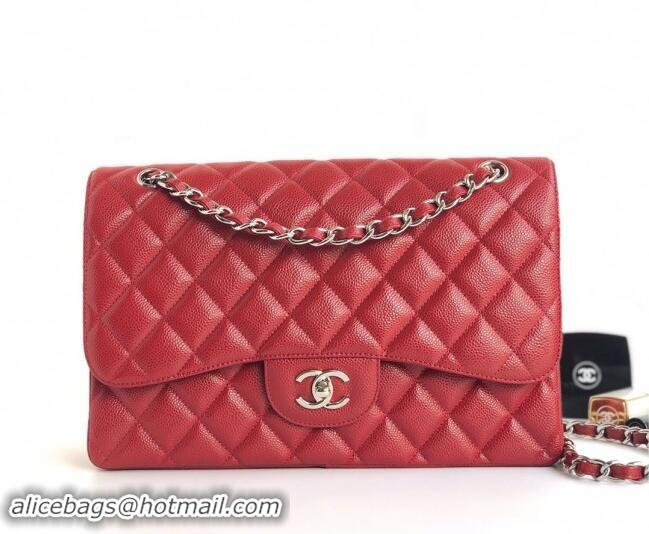 Top Grade Chanel Quilted Grained Calfskin Jumbo Flap Bag 30cm A01113 Red/Silver 2024