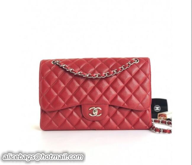 Top Grade Chanel Quilted Grained Calfskin Jumbo Flap Bag 30cm A01113 Red/Silver 2024